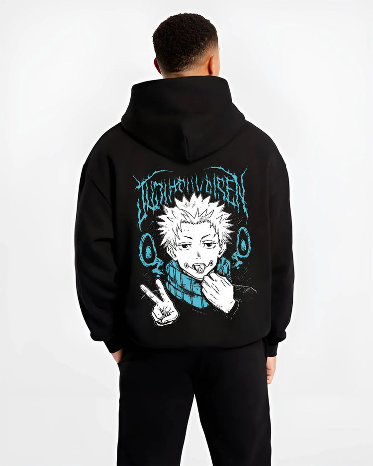 Black hoodie model back view showing Yuji Itadori from Jujutsu Kaisen: eating Sukuna finger