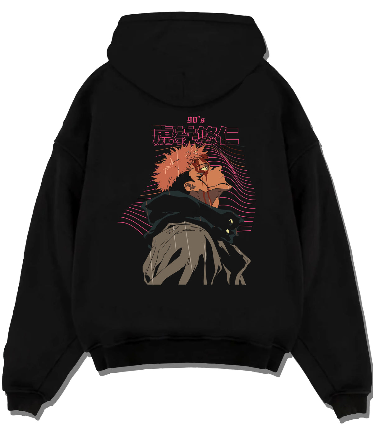 Black hoodie flat back view showing Yuji Itadori / Sukuna from Jujutsu Kaisen: shadowy hooded side profile