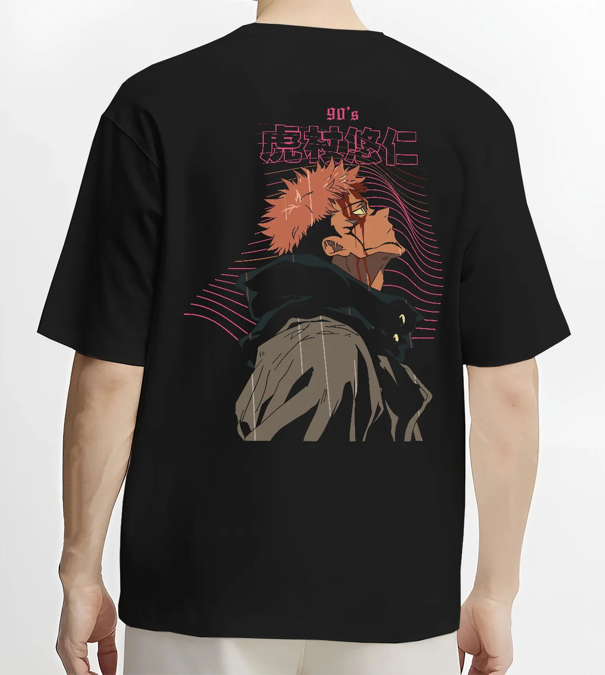 Black T-shirt model back view showing Yuji Itadori / Sukuna from Jujutsu Kaisen: shadowy hooded side profile
