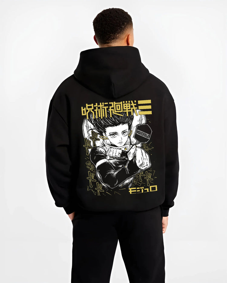 Black hoodie model back view showing Yuji Itadori from Jujutsu Kaisen: arm extended action pose