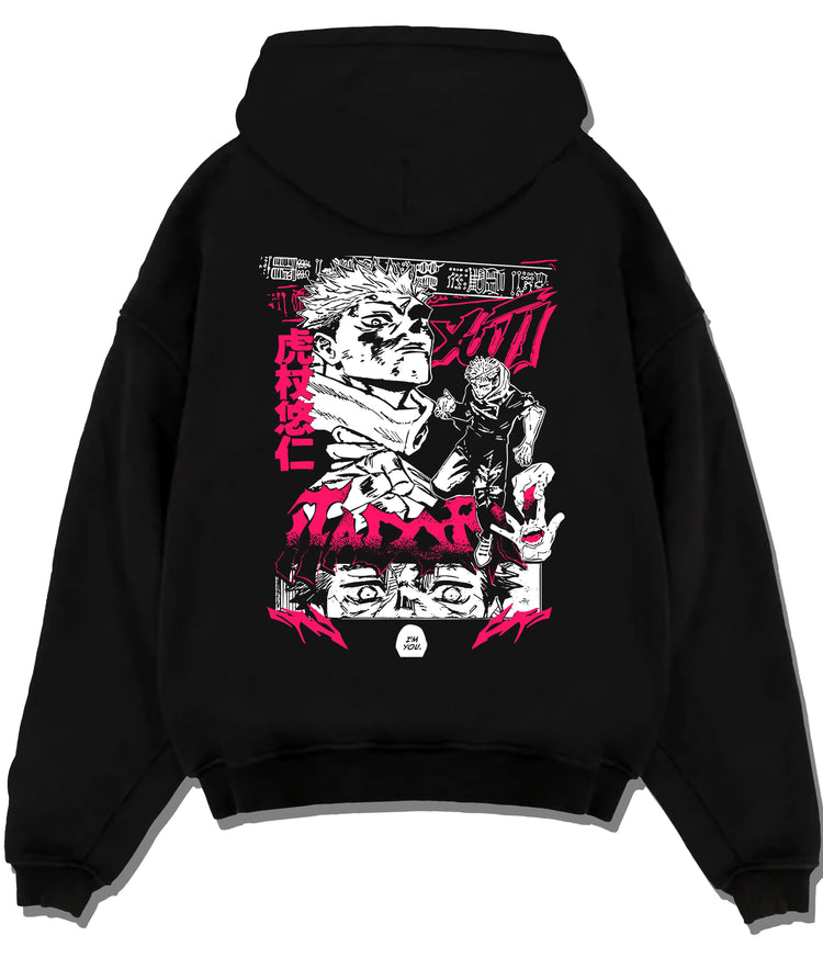 Black hoodie flat back view showing Yuji Itadori and Sukuna from Jujutsu Kaisen: manga collage