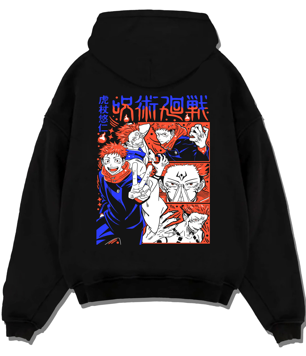 Black hoodie flat back view showing Yuji Itadori and Sukuna from Jujutsu Kaisen: manga montage