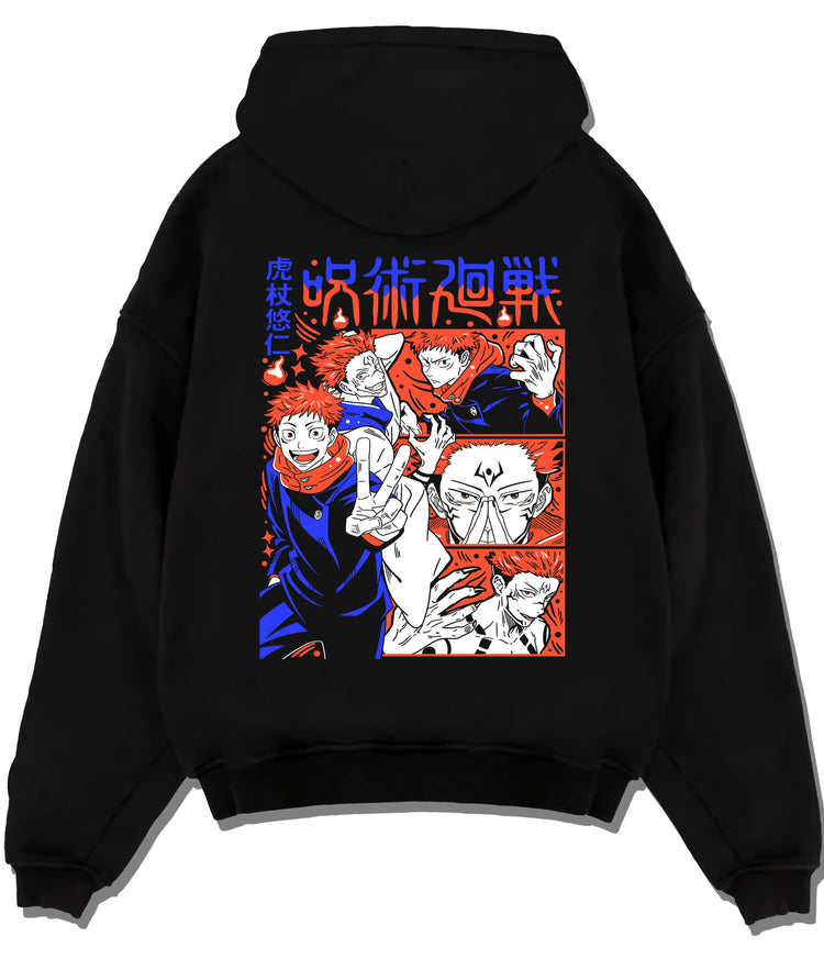Black hoodie flat back view showing Yuji Itadori and Sukuna from Jujutsu Kaisen: manga montage