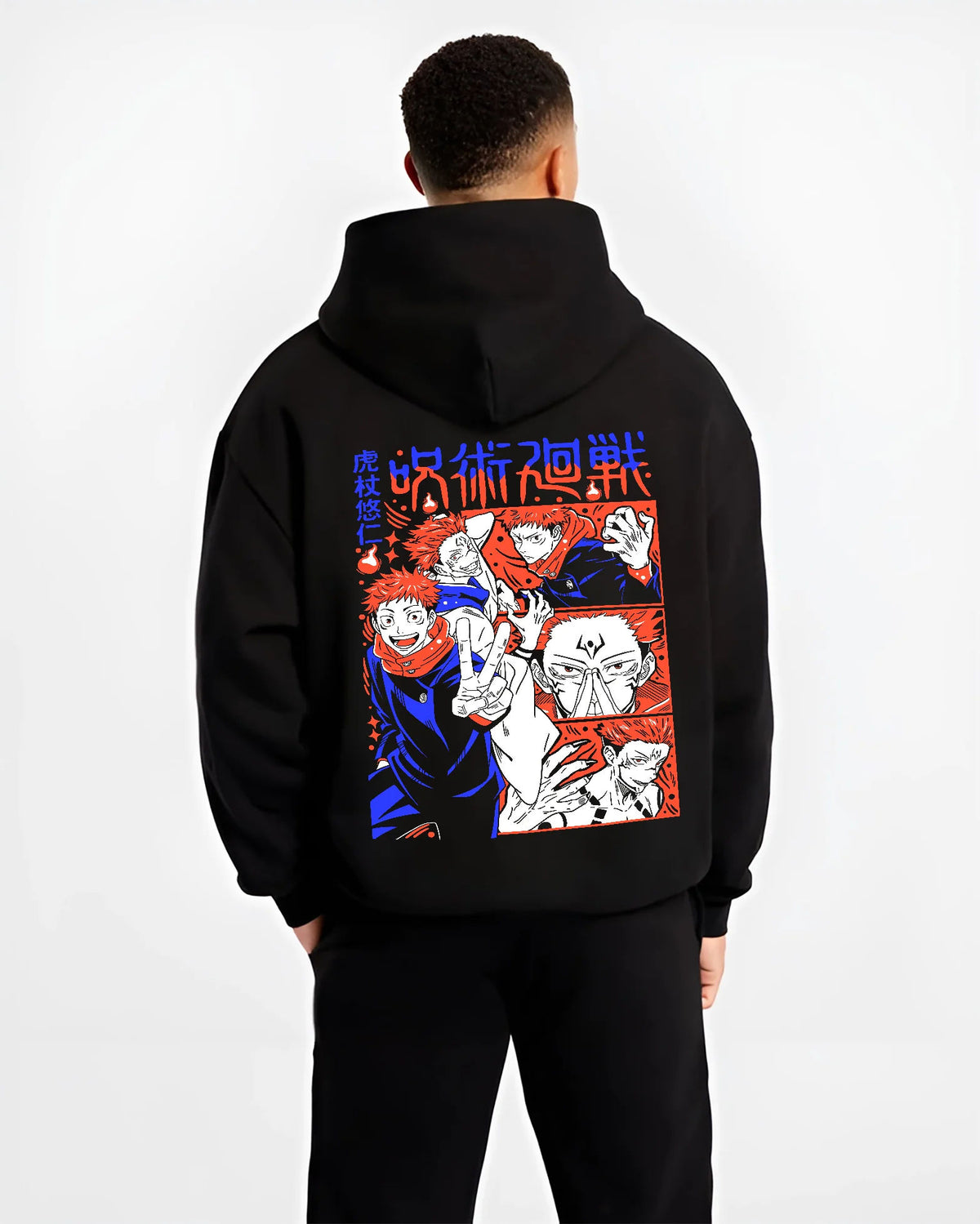Black hoodie model back view showing Yuji Itadori and Sukuna from Jujutsu Kaisen: manga montage