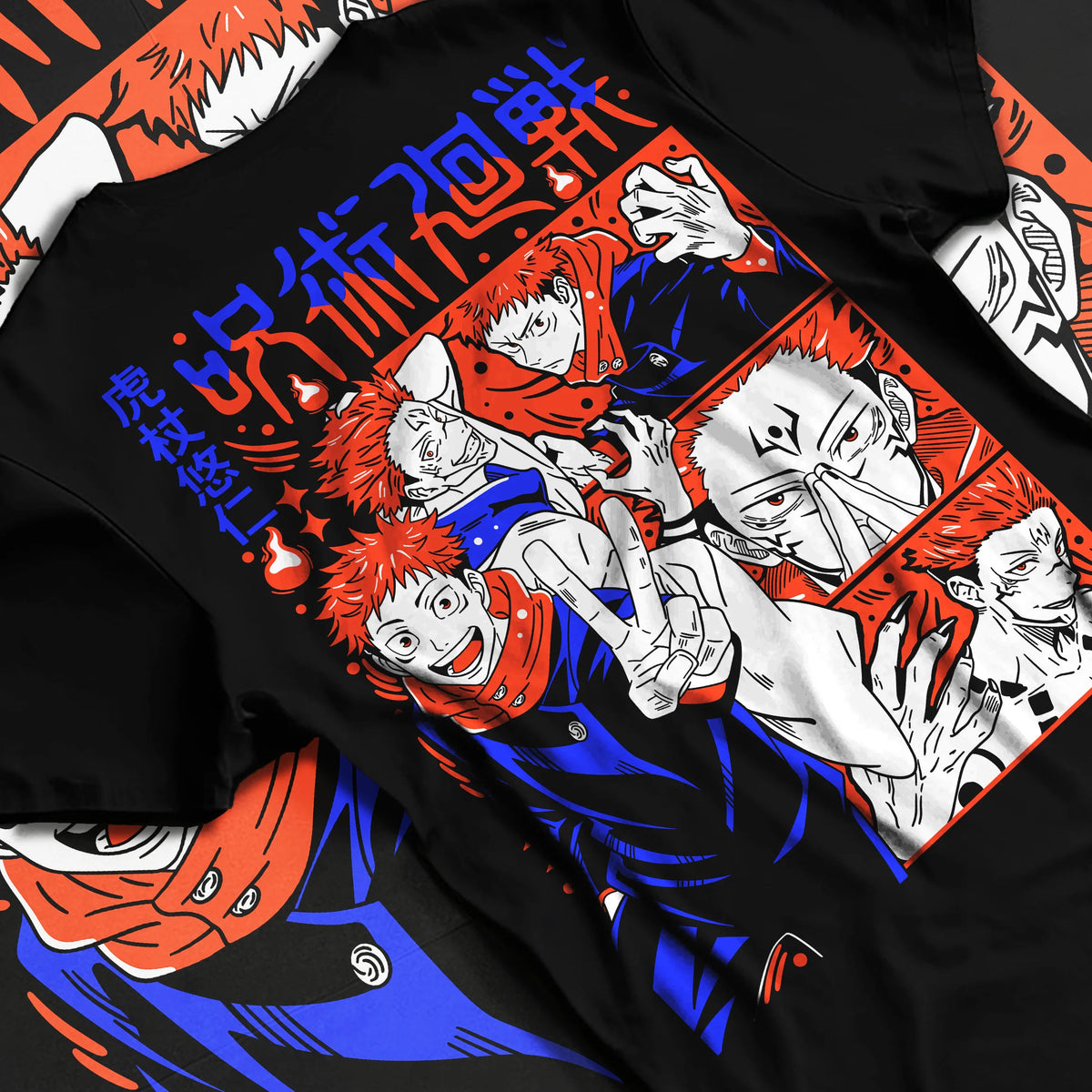 Black T-shirt flat back view showing Yuji Itadori and Sukuna from Jujutsu Kaisen: manga montage