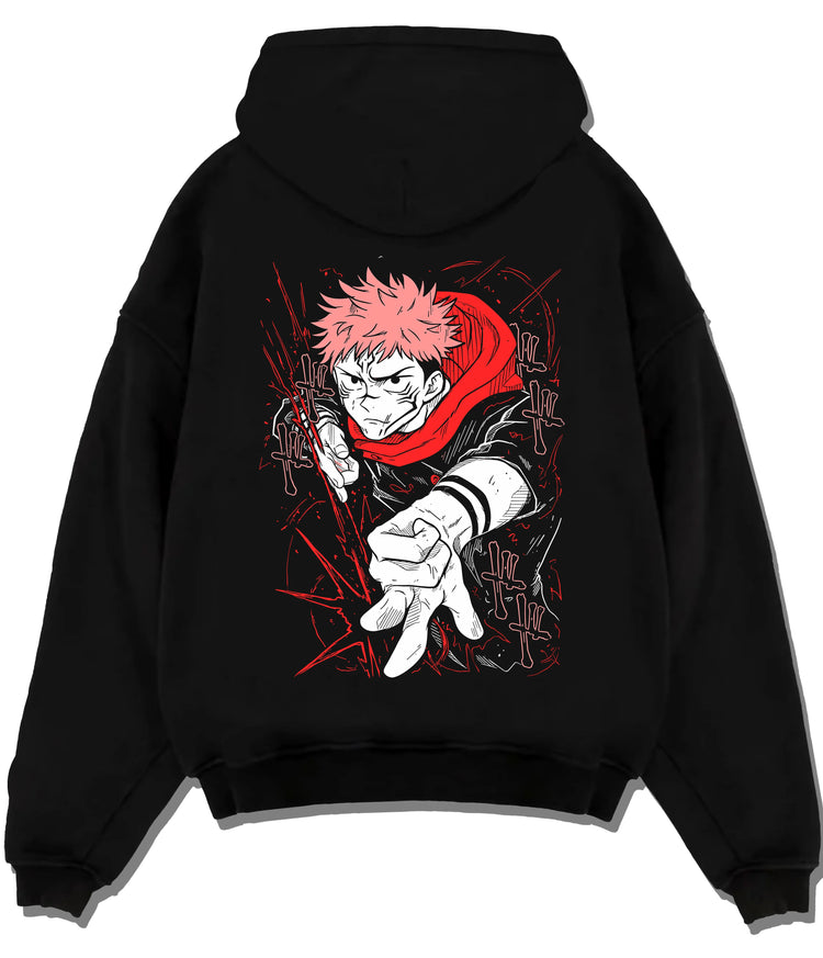Black hoodie flat back view showing Yuji Itadori and Ryomen Sukuna from Jujutsu Kaisen: dual portrait