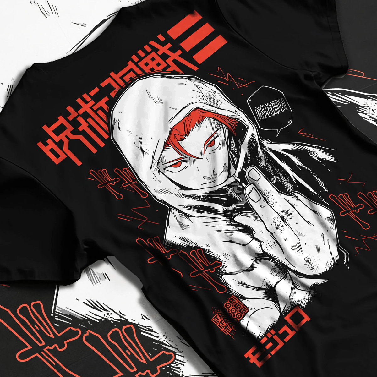 Black T-shirt flat back view showing Yuji Itadori from Jujutsu Kaisen: hooded manga portrait