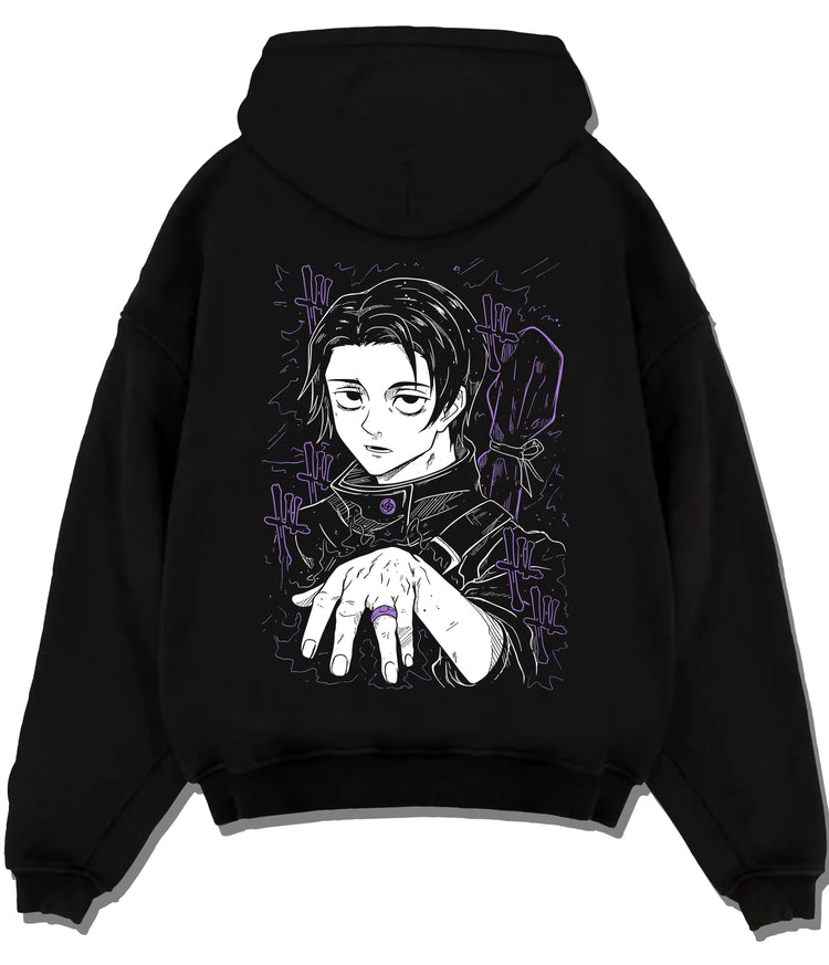 Black hoodie flat back view showing Yuta Okkotsu from Jujutsu Kaisen: hand-forward manga portrait