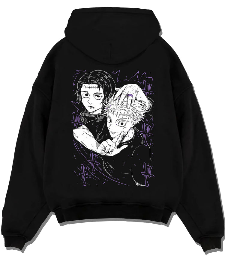 Black hoodie flat back view showing Yuta Okkotsu and Satoru Gojo from Jujutsu Kaisen: black-and-white manga panel
