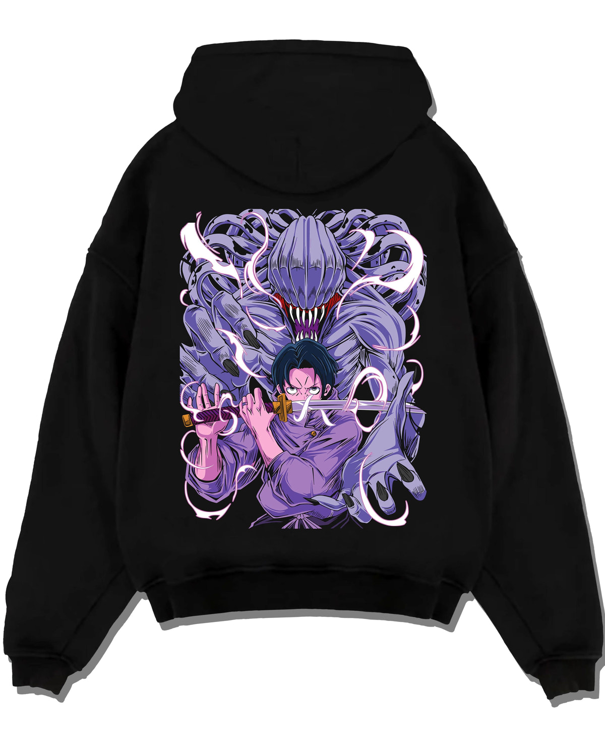 Black hoodie laid flat featuring Yuta Okkotsu and Rika cursed energy Jujutsu Kaisen artwork.