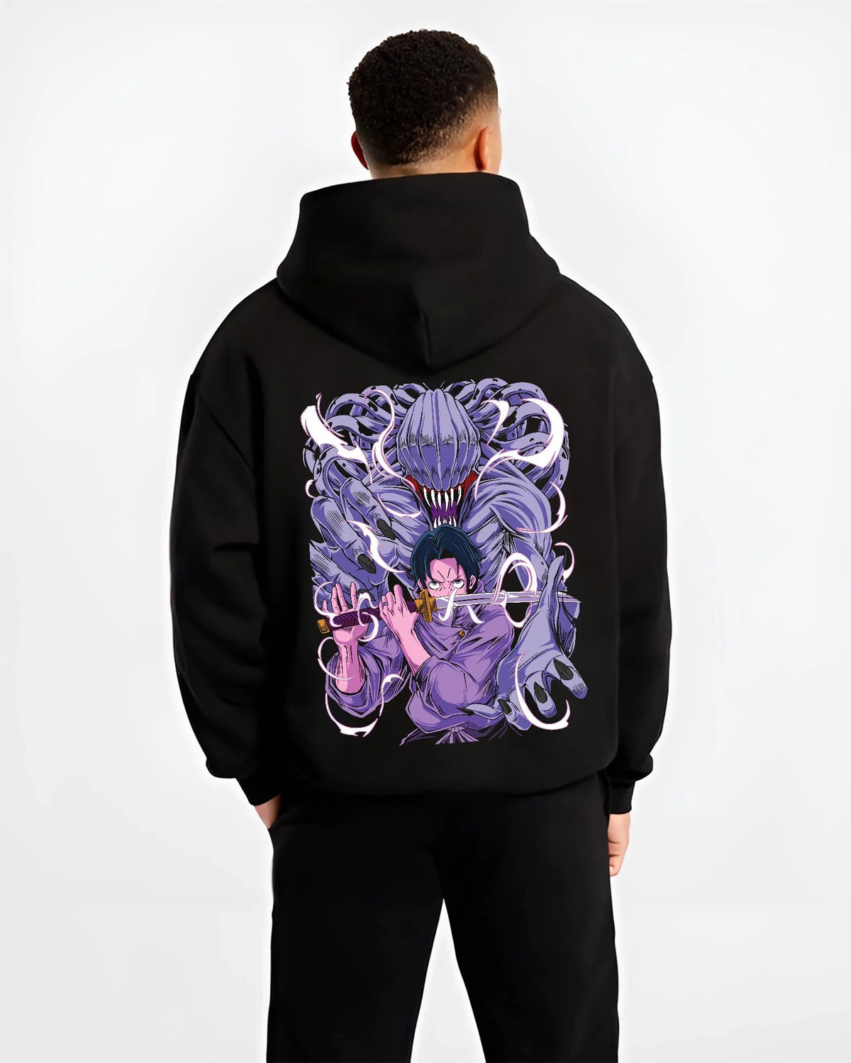 Black hoodie worn by male model from the back featuring Yuta Okkotsu and Rika cursed energy Jujutsu Kaisen artwork.
