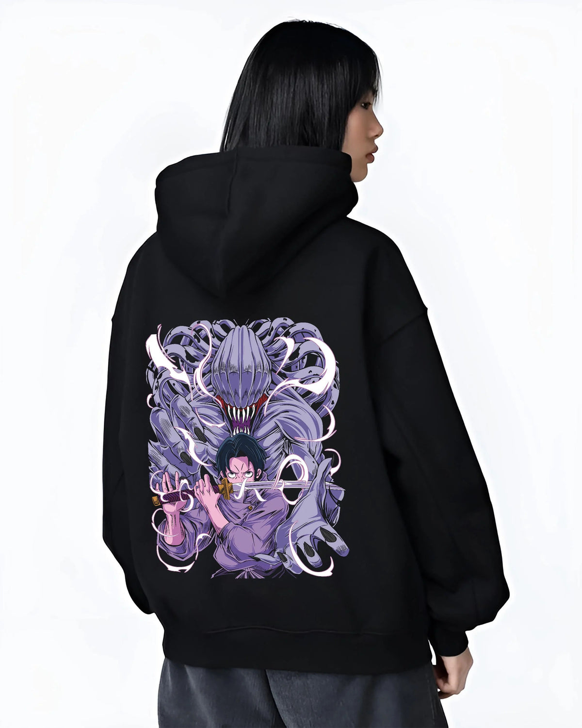 Black hoodie worn by female model from the back featuring Yuta Okkotsu and Rika cursed energy Jujutsu Kaisen artwork.