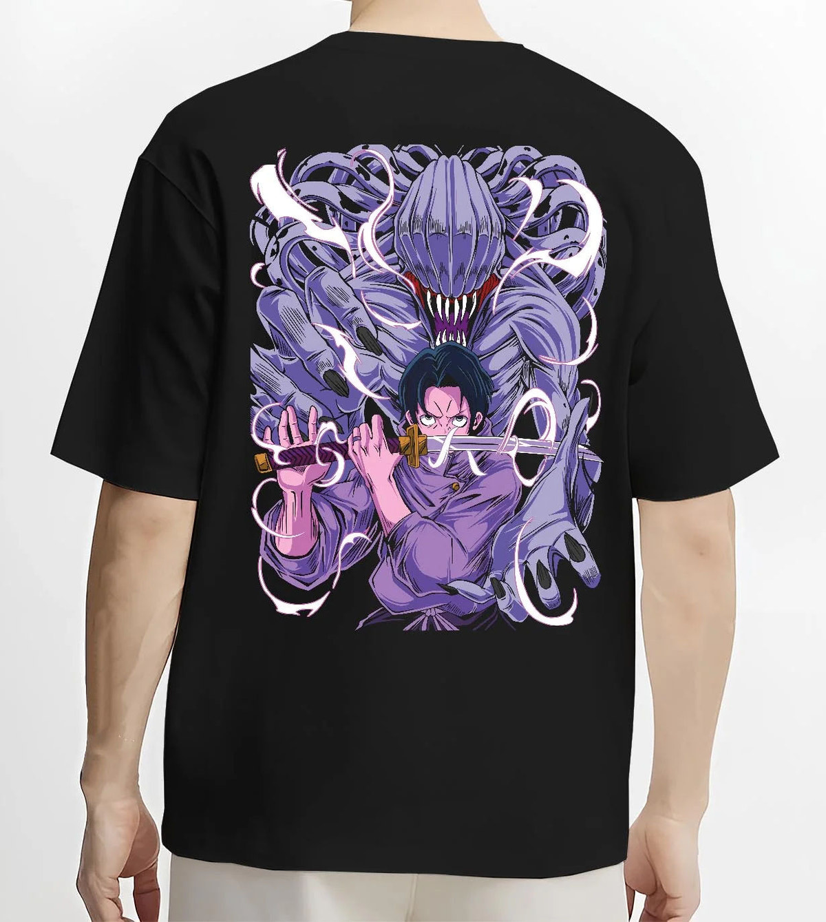 Black T-shirt worn by male model from the back featuring Yuta Okkotsu and Rika cursed energy Jujutsu Kaisen artwork.