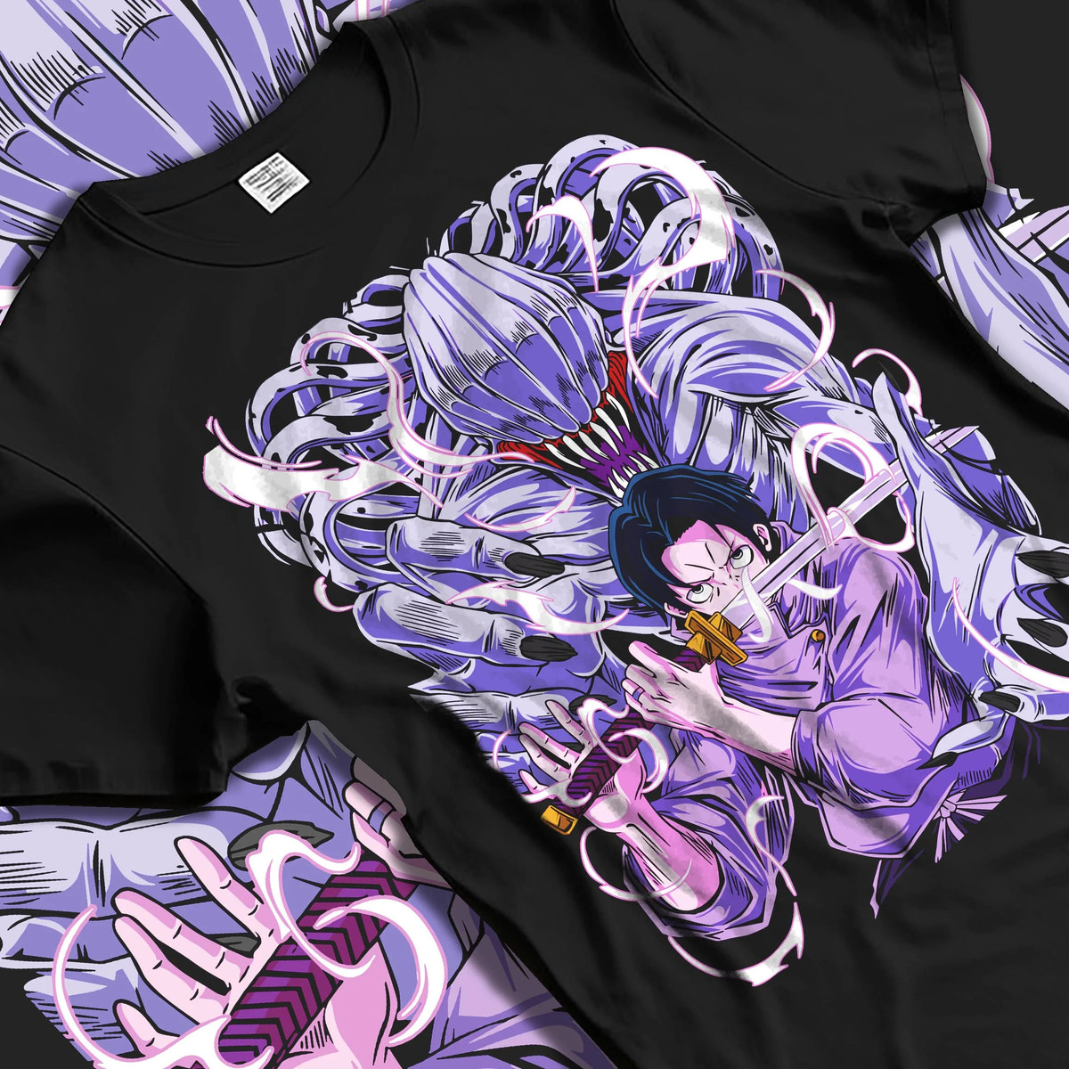 Black T-shirt laid flat with natural folds featuring Yuta Okkotsu and Rika cursed energy Jujutsu Kaisen artwork.