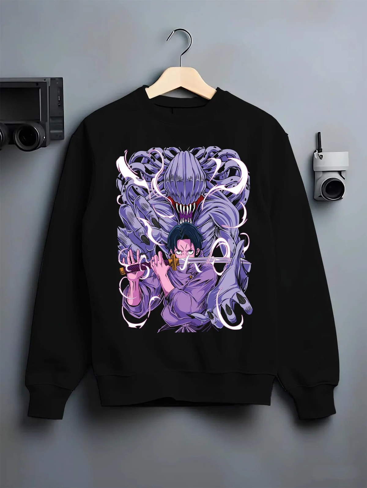 Black crewneck sweatshirt on hanger featuring Yuta Okkotsu and Rika cursed energy Jujutsu Kaisen artwork.