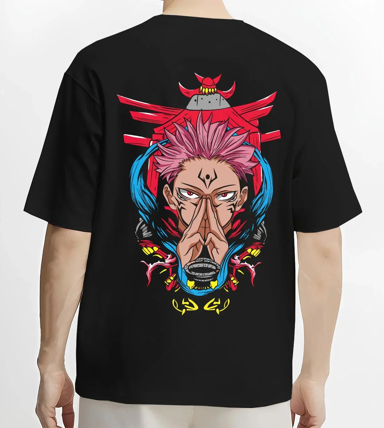 Black T-shirt worn by male model, back view with Yuta Okkotsu Hoodie Jujutsu Kaisen Spirit Technique graphic bold anime graphic.