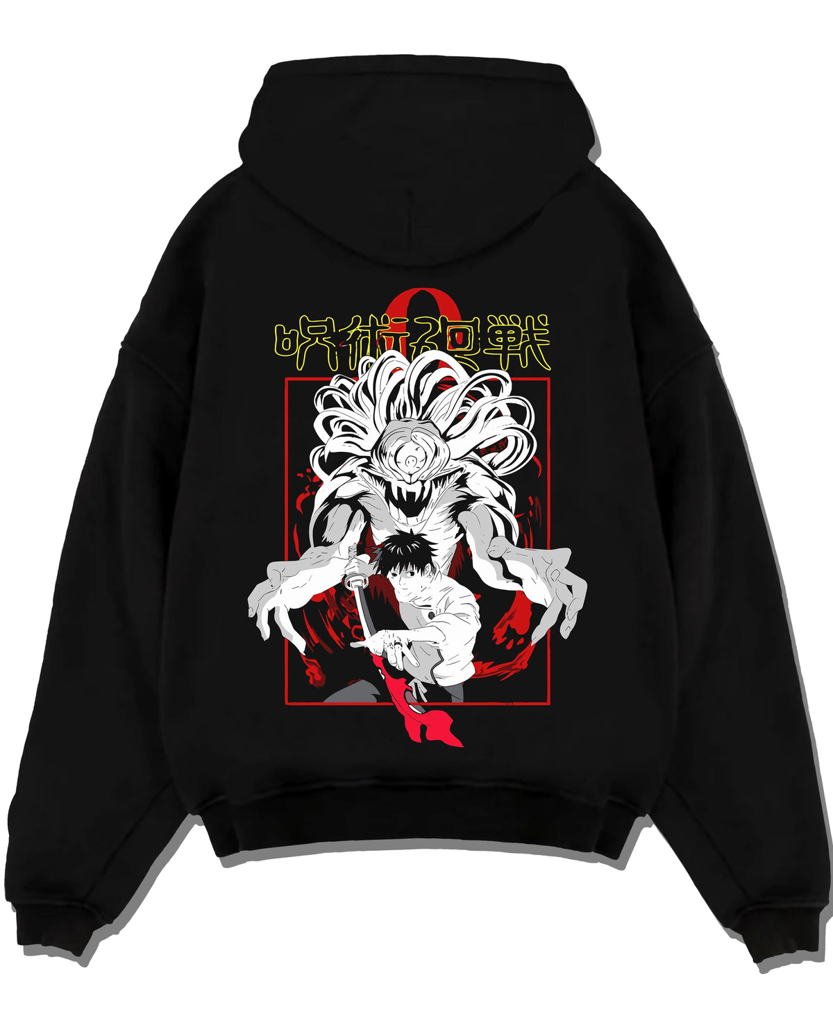 Black hoodie laid flat featuring Yuta Okkotsu Special Grade with Rika Jujutsu Kaisen artwork.