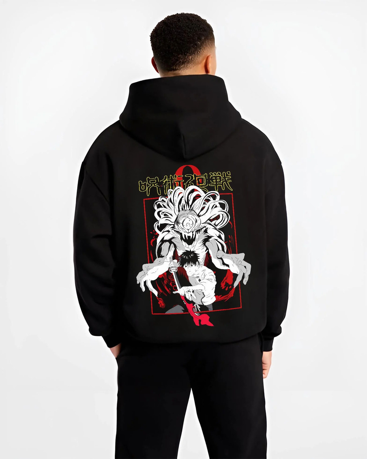 Black hoodie worn by male model from the back featuring Yuta Okkotsu Special Grade with Rika Jujutsu Kaisen artwork.