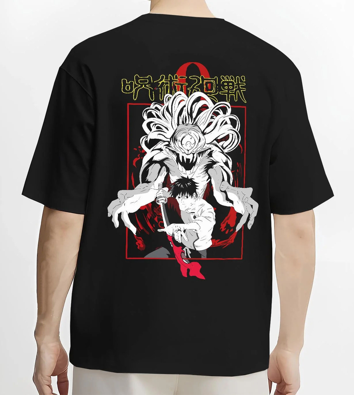 Black T-shirt worn by male model from the back featuring Yuta Okkotsu Special Grade with Rika Jujutsu Kaisen artwork.