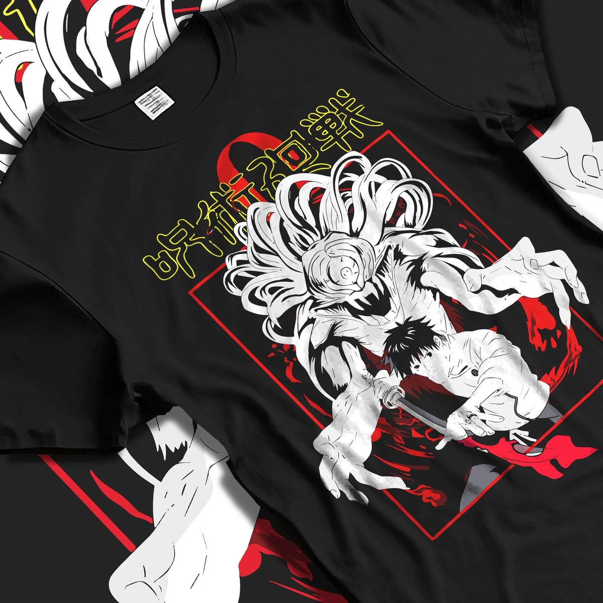 Black T-shirt laid flat with natural folds featuring Yuta Okkotsu Special Grade with Rika Jujutsu Kaisen artwork.