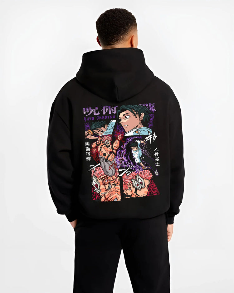 Black hoodie model back view showing Yuta Okkotsu / Sukuna from Jujutsu Kaisen: Jujutsu Kaisen manga fight collage