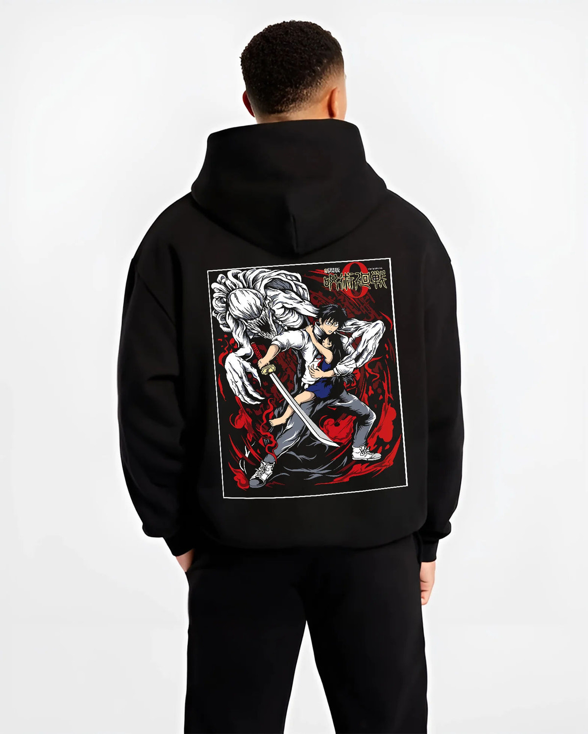 Black hoodie model back view showing Yuta Okkotsu from Jujutsu Kaisen: black-and-red swordfighter design
