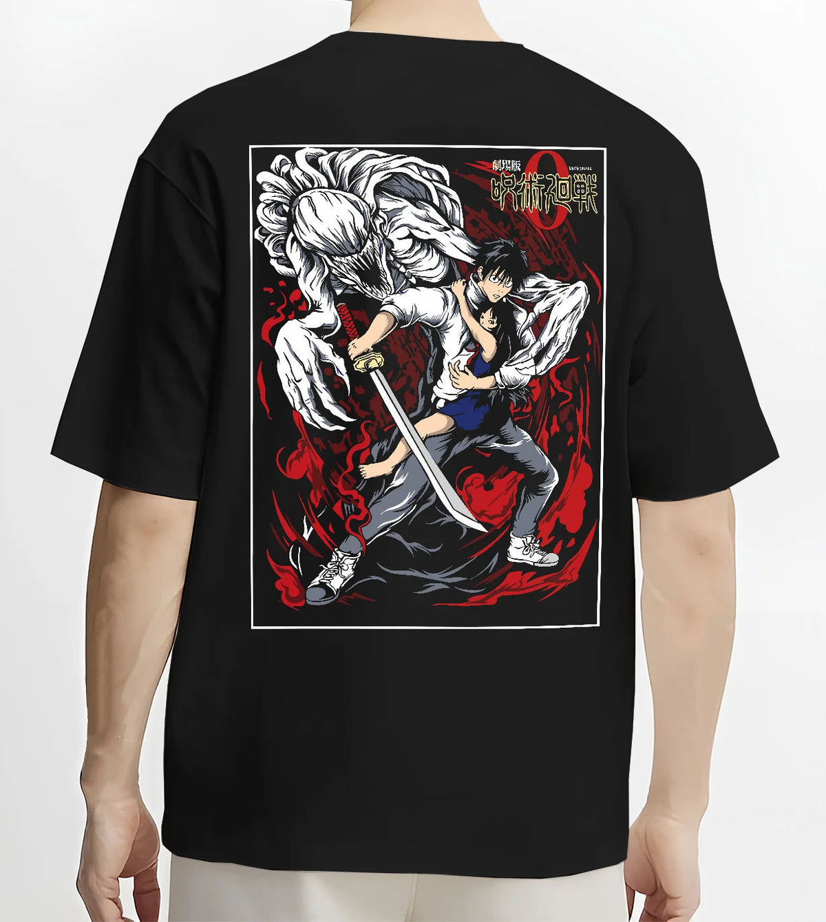 Black T-shirt model back view showing Yuta Okkotsu from Jujutsu Kaisen: black-and-red swordfighter design