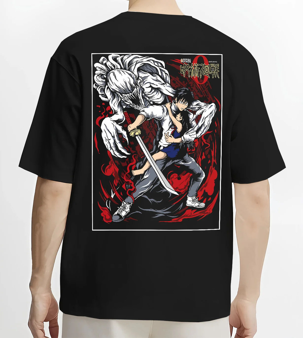 Black T-shirt model back view showing Yuta Okkotsu from Jujutsu Kaisen: black-and-red swordfighter design