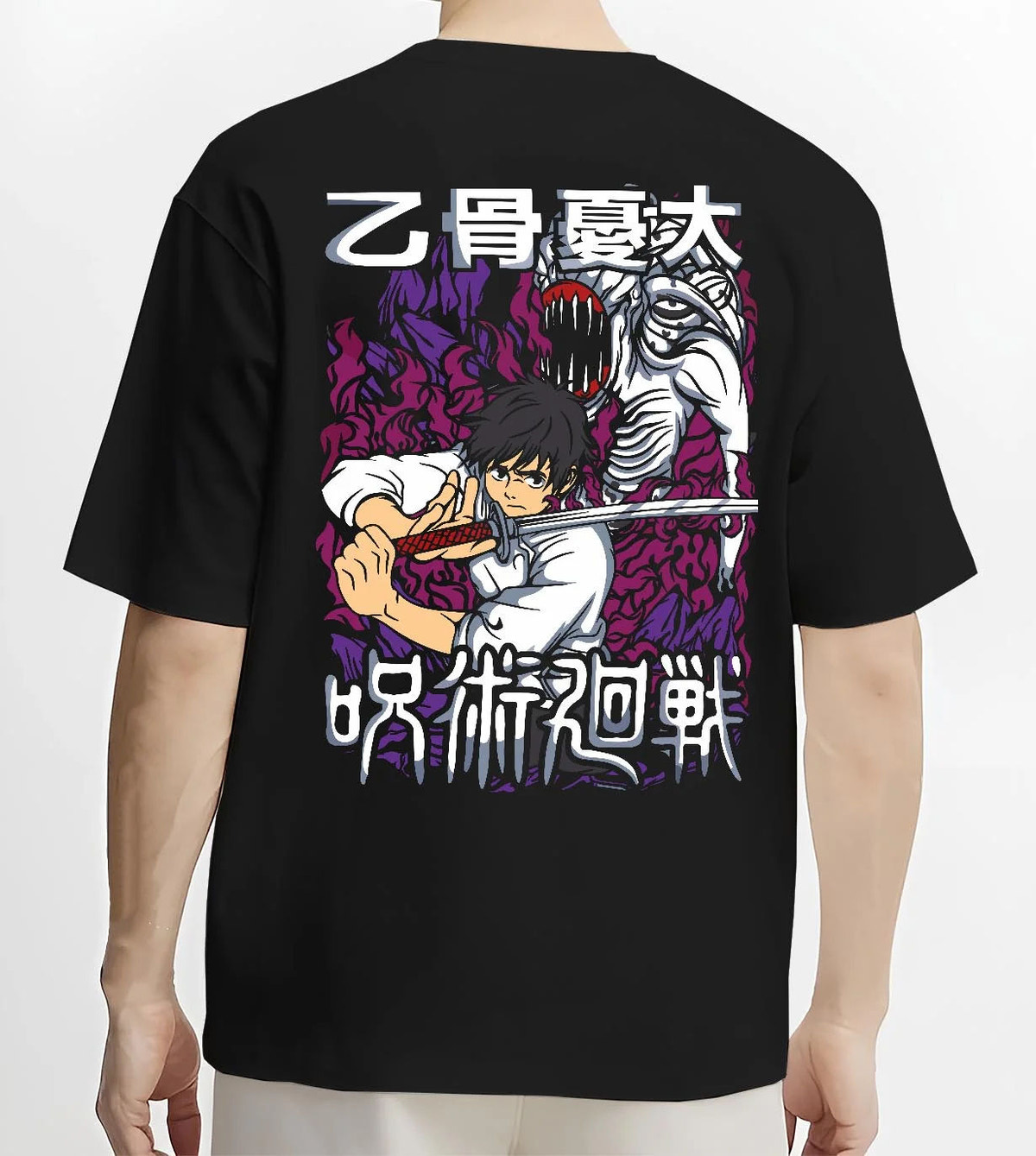 Black T-shirt worn by male model from the back featuring Yuta Okkotsu sword and Rika battle Jujutsu Kaisen artwork.