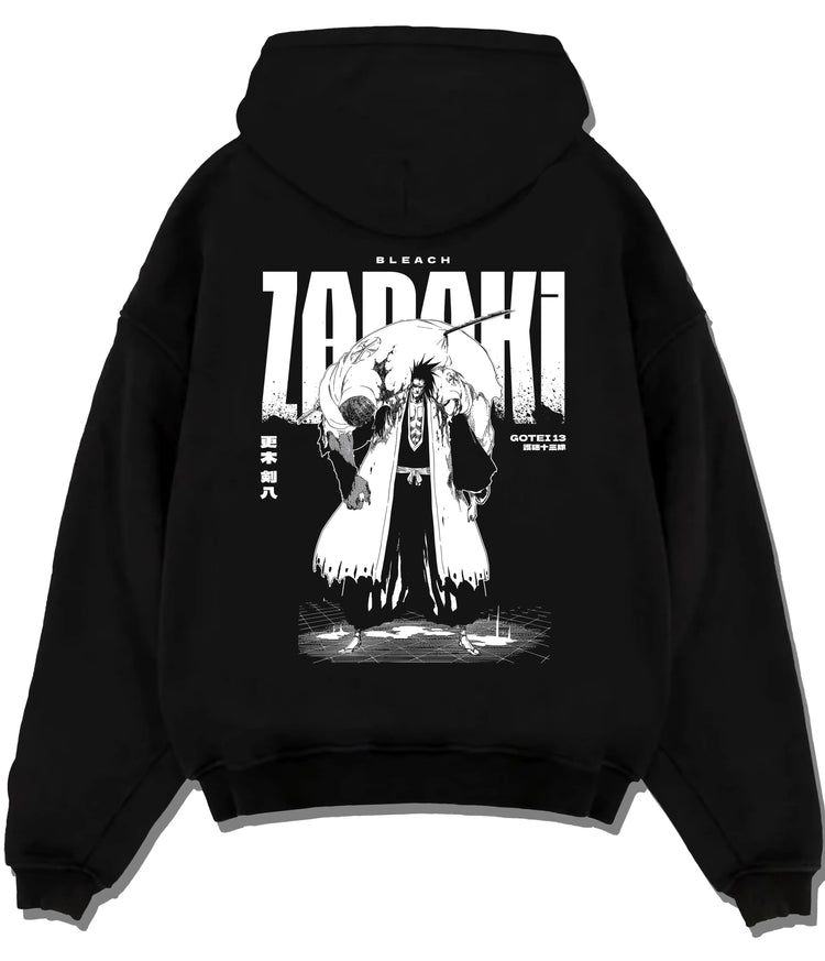Black hoodie flat back view with Kenpachi Zaraki from Bleach illustrated back graphic
