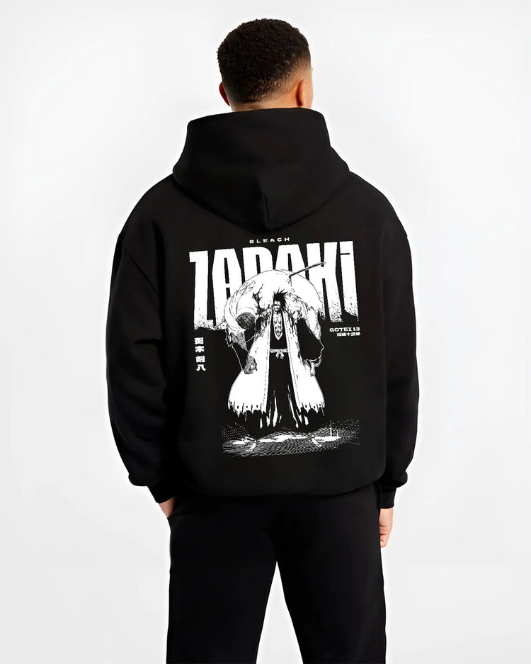 Black hoodie model back view with Kenpachi Zaraki from Bleach illustrated back graphic