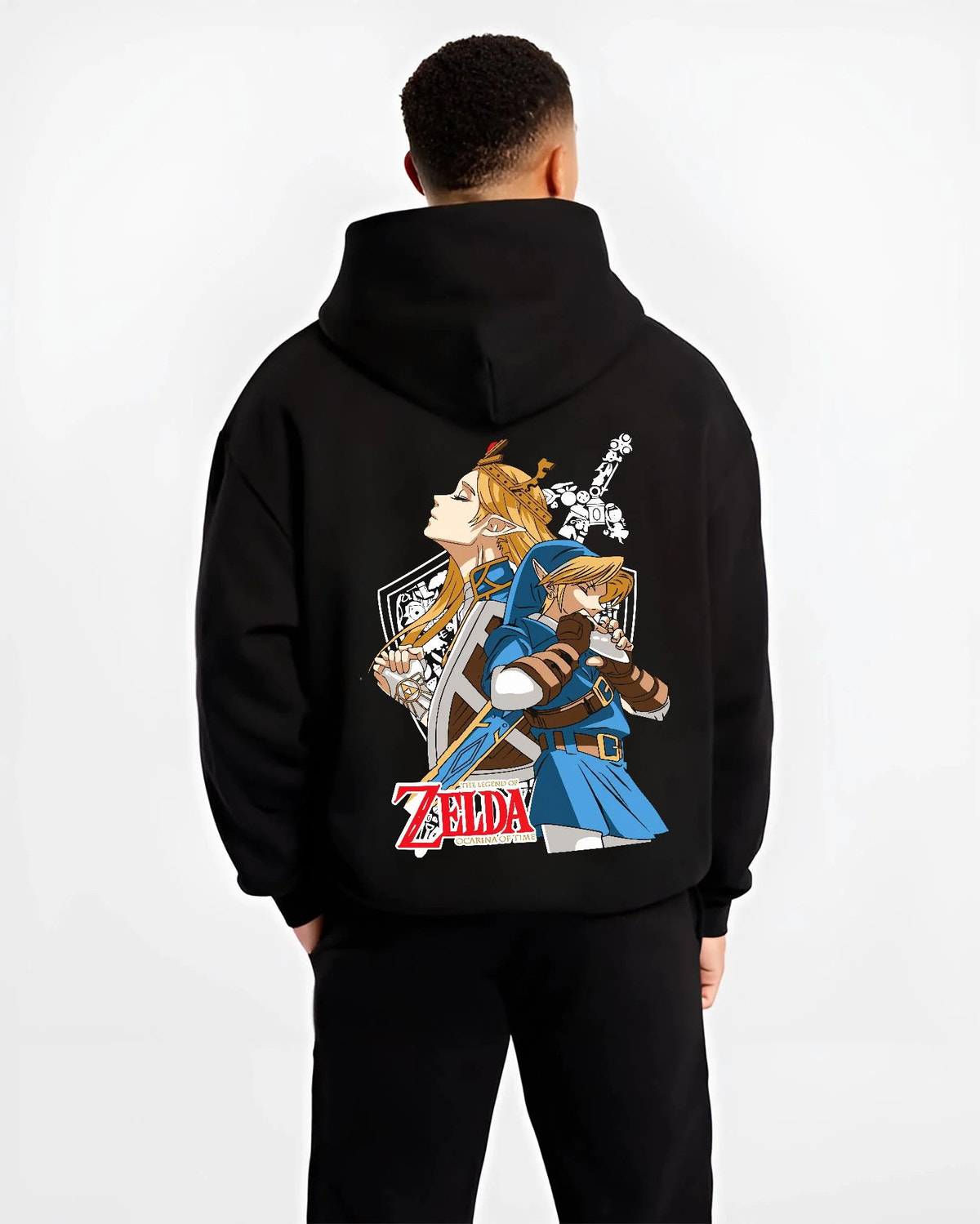 Black hoodie worn by male model from the back featuring Link Hylian Crest Master Sword The Legend of Zelda artwork.