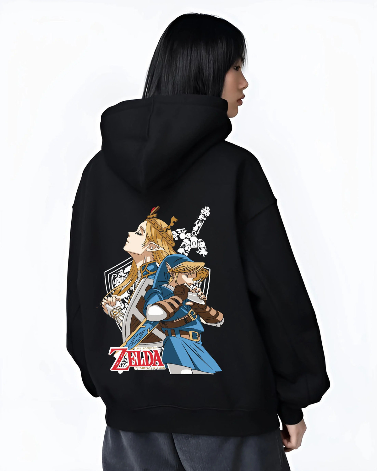 Black hoodie worn by female model from the back featuring Link Hylian Crest Master Sword The Legend of Zelda artwork.