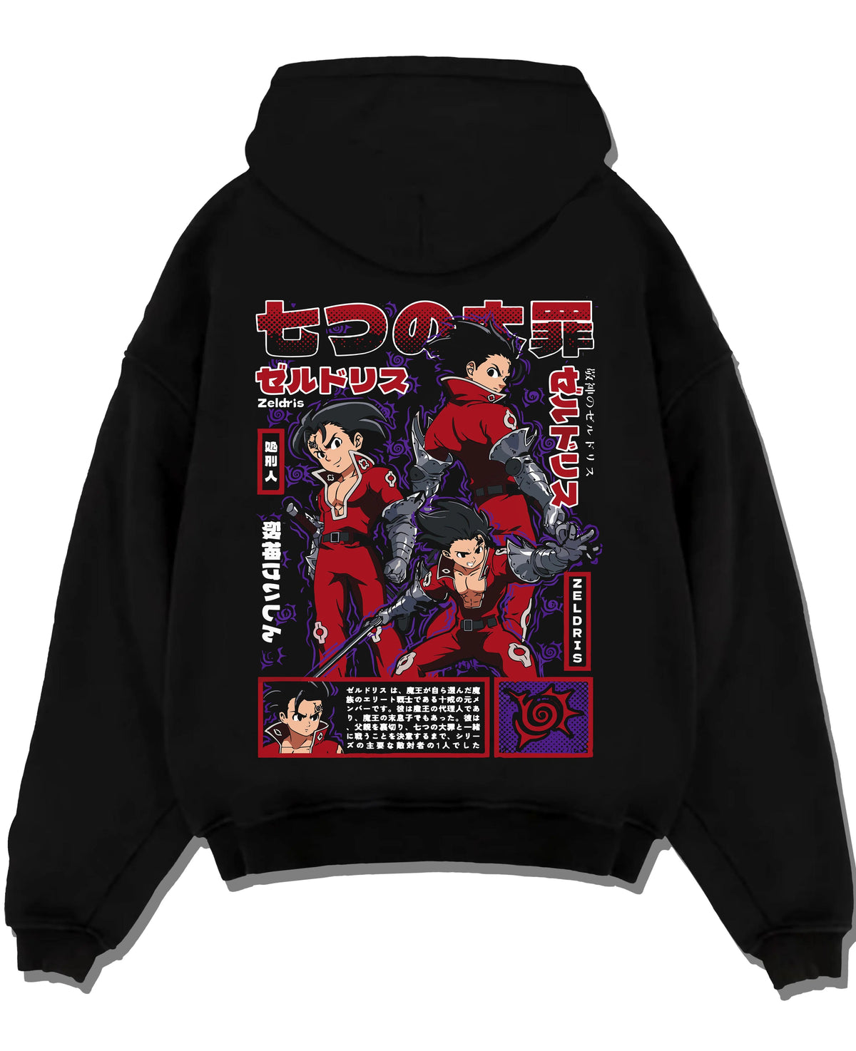 Black hoodie laid flat featuring Zeldris Demon King power The Seven Deadly Sins artwork.