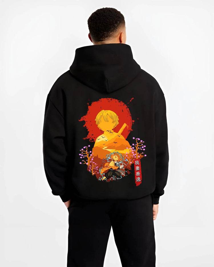 Black hoodie worn by male model from the back featuring Zenitsu Agatsuma lightning bolt Demon Slayer artwork.