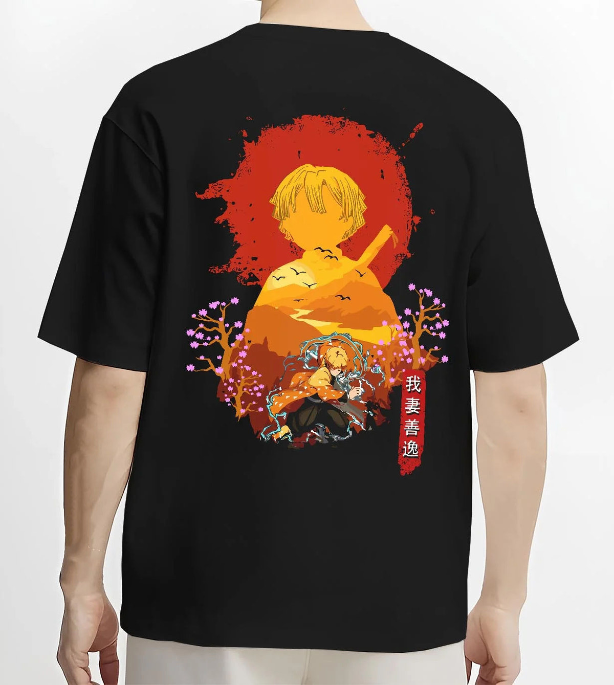 Black T-shirt worn by male model from the back featuring Zenitsu Agatsuma lightning bolt Demon Slayer artwork.