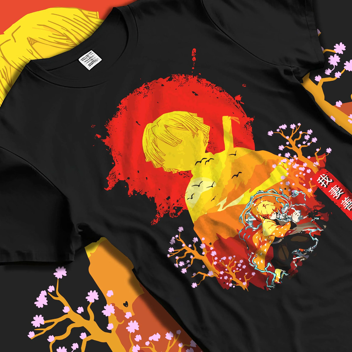 Black T-shirt laid flat with natural folds featuring Zenitsu Agatsuma lightning bolt Demon Slayer artwork.