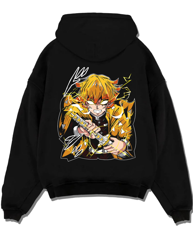 Black hoodie laid flat featuring Zenitsu Agatsuma Godspeed Demon Slayer artwork.