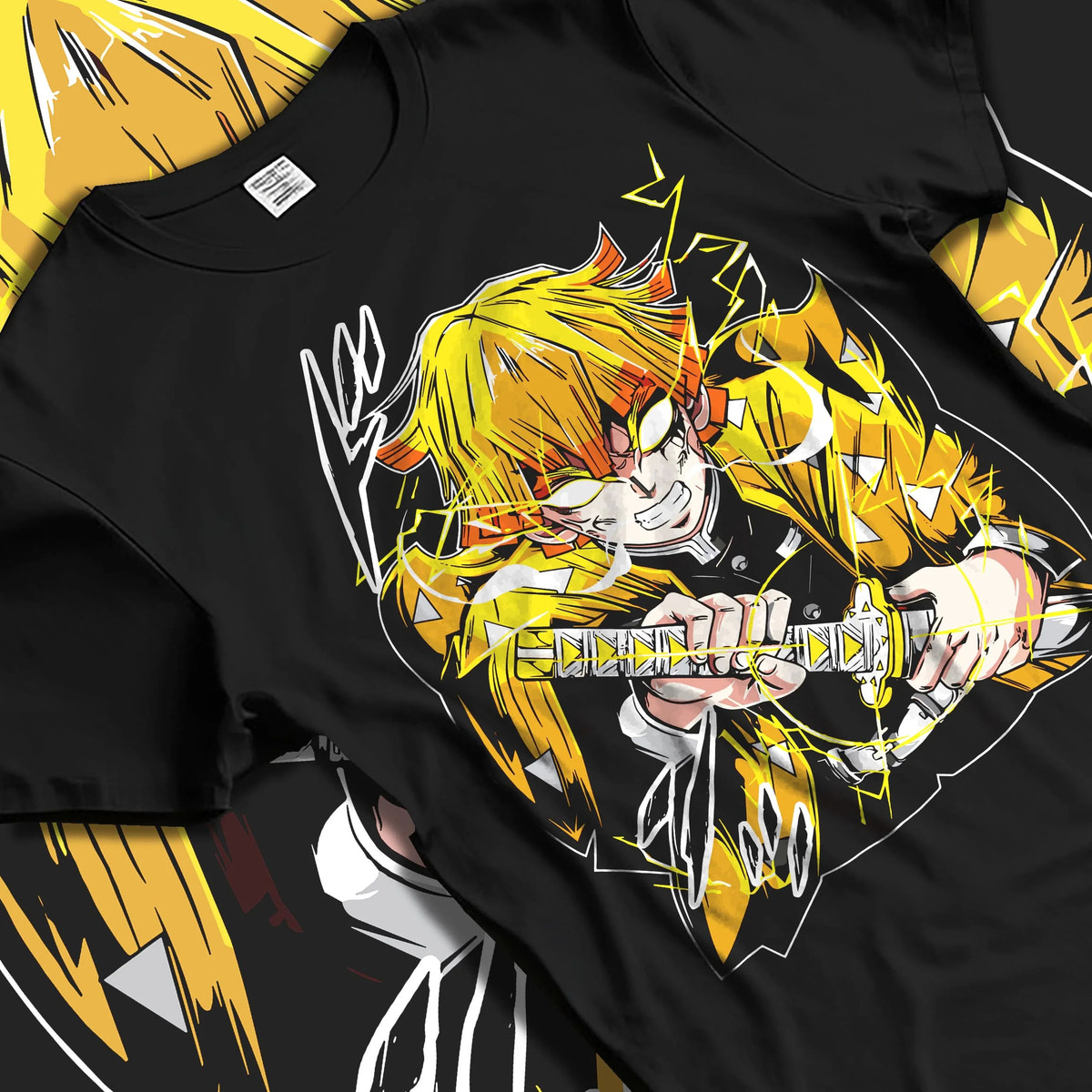 Black T-shirt laid flat with natural folds featuring Zenitsu Agatsuma Godspeed Demon Slayer artwork.