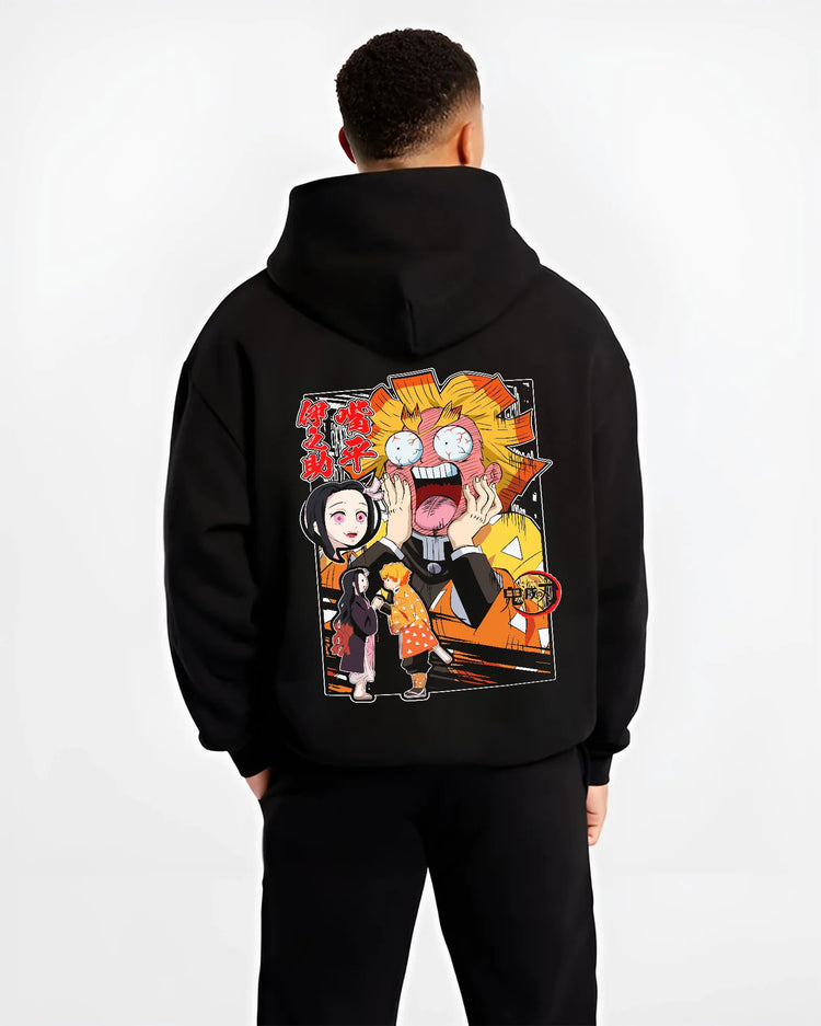 Black hoodie model back view showing Zenitsu Agatsuma and Nezuko Kamado from Demon Slayer: exaggerated comic scene