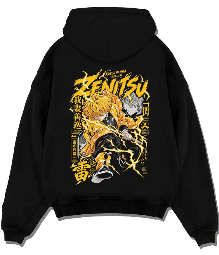 Black hoodie flat back view showing Zenitsu Agatsuma from Demon Slayer: lightning Thunder Breathing stance