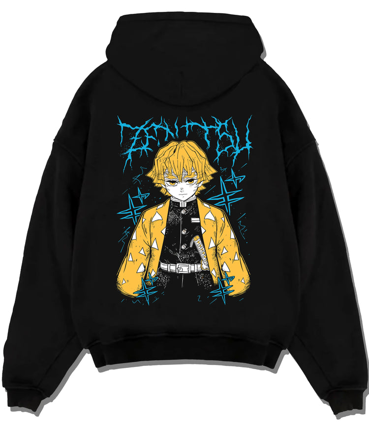 Black hoodie flat back view showing Zenitsu Agatsuma from Demon Slayer: yellow haori portrait