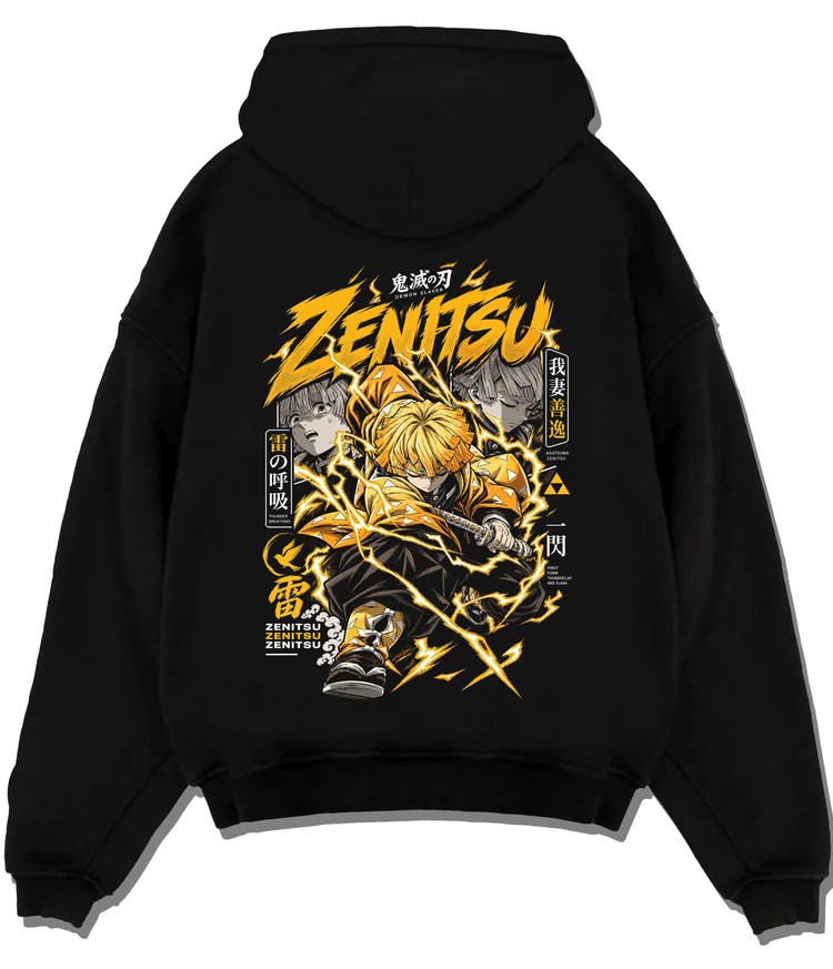 Black hoodie flat back view showing Zenitsu Agatsuma from Demon Slayer: thunderclap sword action poster