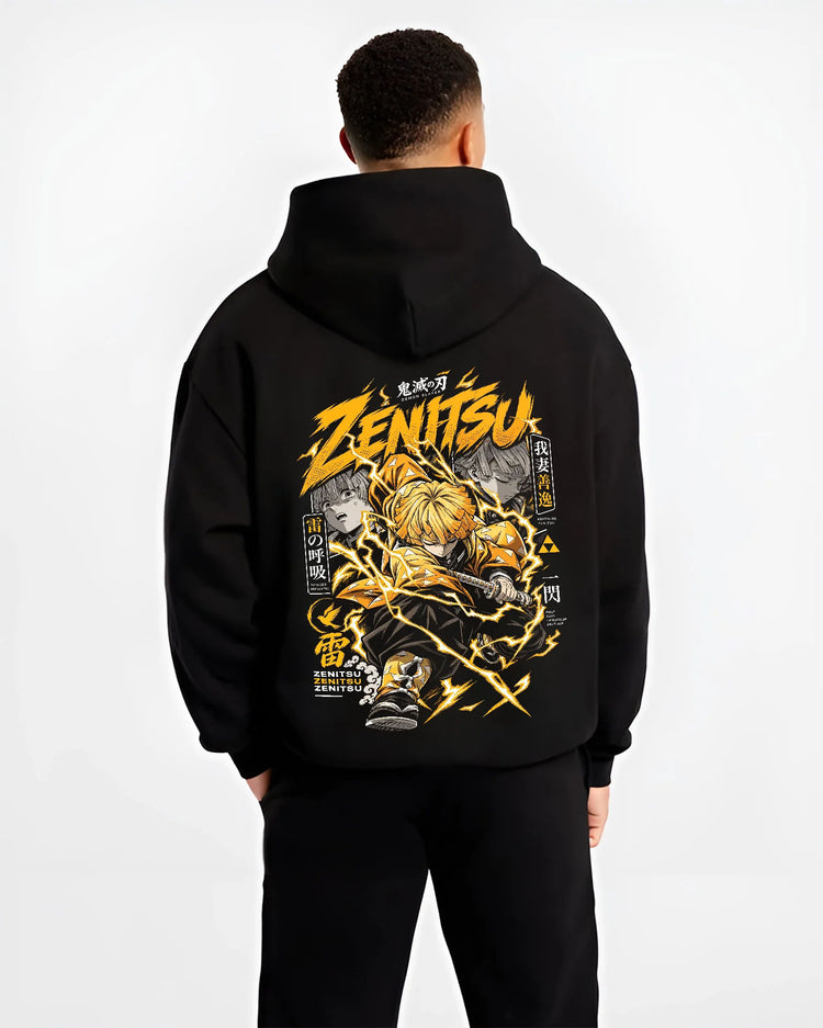 Black hoodie model back view showing Zenitsu Agatsuma from Demon Slayer: thunderclap sword action poster