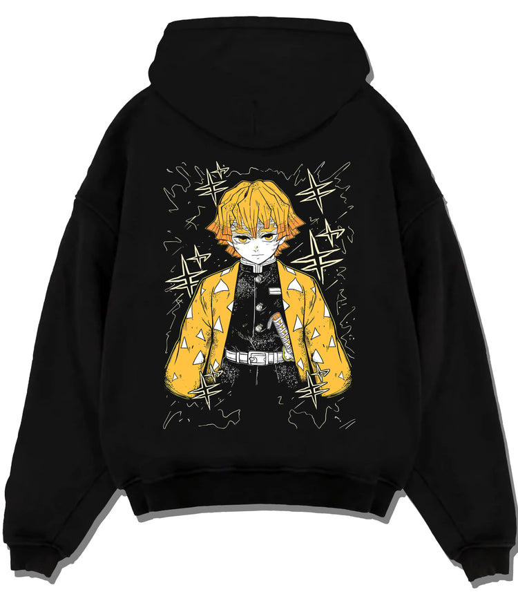 Black hoodie flat back view showing Zenitsu Agatsuma from Demon Slayer: yellow haori portrait