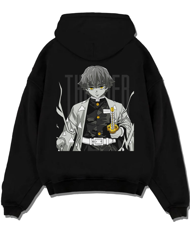 Black hoodie laid flat featuring Zenitsu Agatsuma sleeping swordsman Demon Slayer artwork.