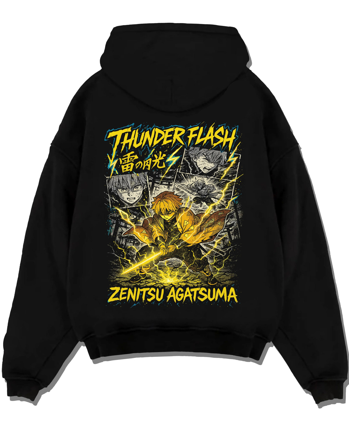Black hoodie laid flat featuring Zenitsu Agatsuma thunder spark Demon Slayer artwork.