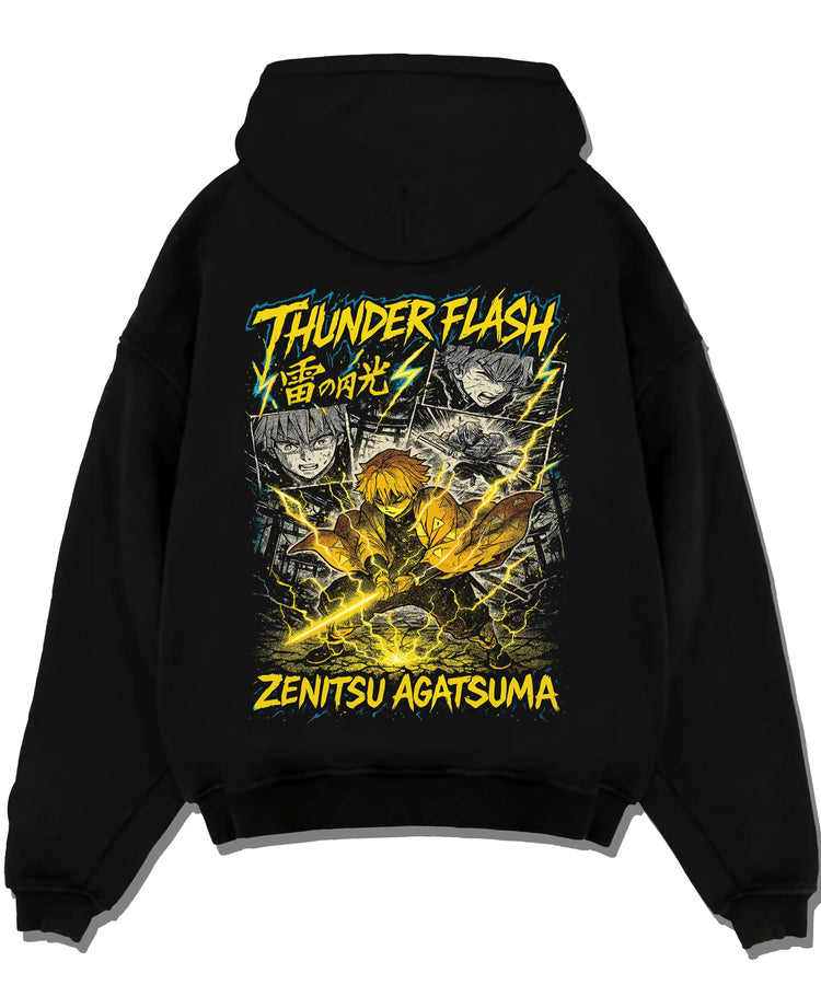 Black hoodie laid flat featuring Zenitsu Agatsuma thunder spark Demon Slayer artwork.