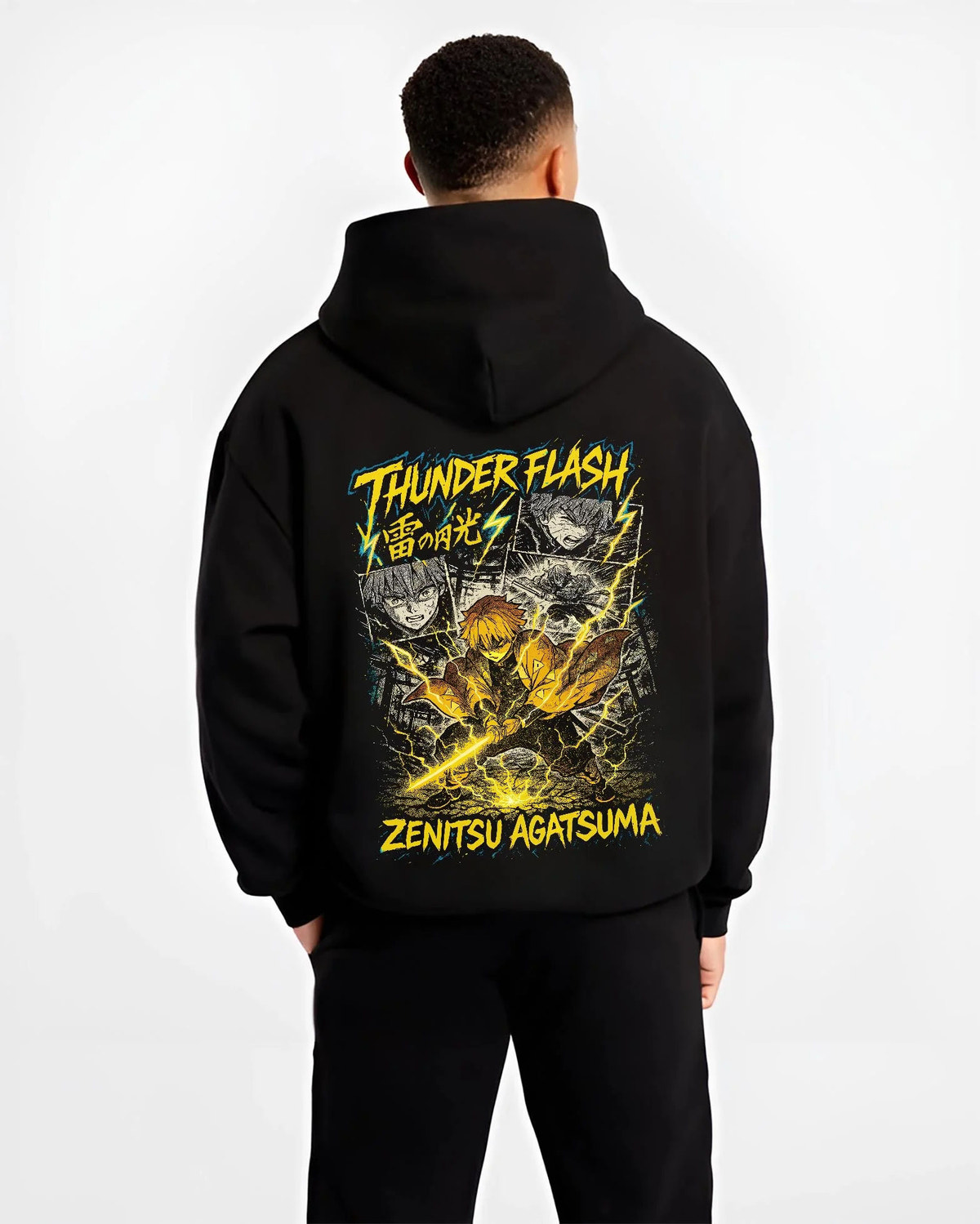 Black hoodie worn by male model from the back featuring Zenitsu Agatsuma thunder spark Demon Slayer artwork.