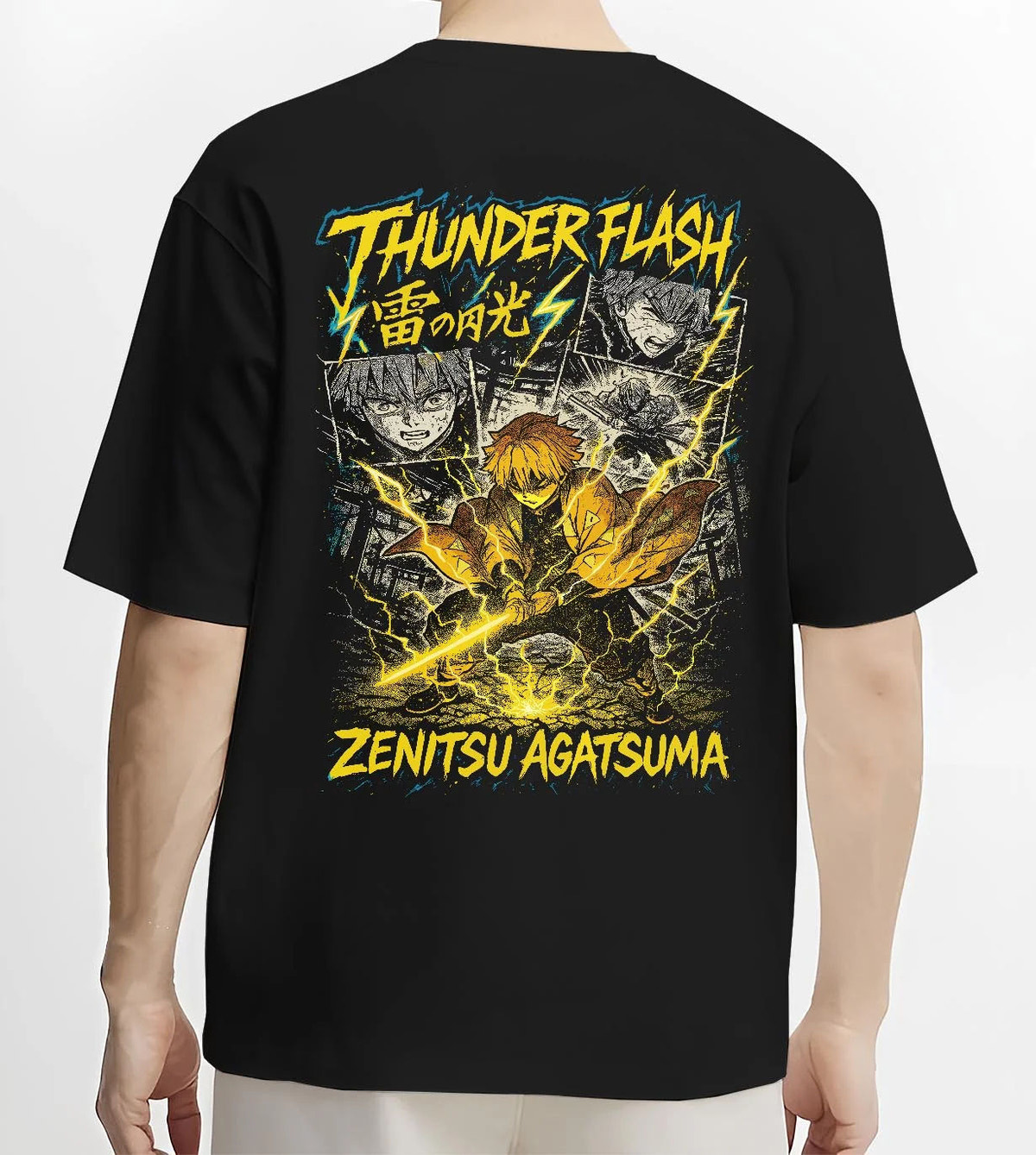Black T-shirt worn by male model from the back featuring Zenitsu Agatsuma thunder spark Demon Slayer artwork.